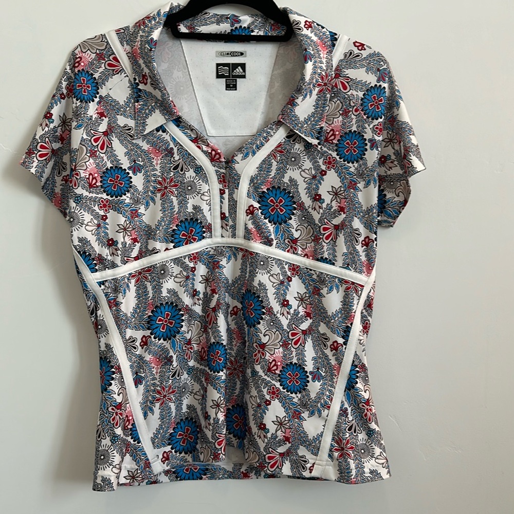 Adidas Climacool Women’s Golf Shirt Red, White & Blue Floral Print Size Medium